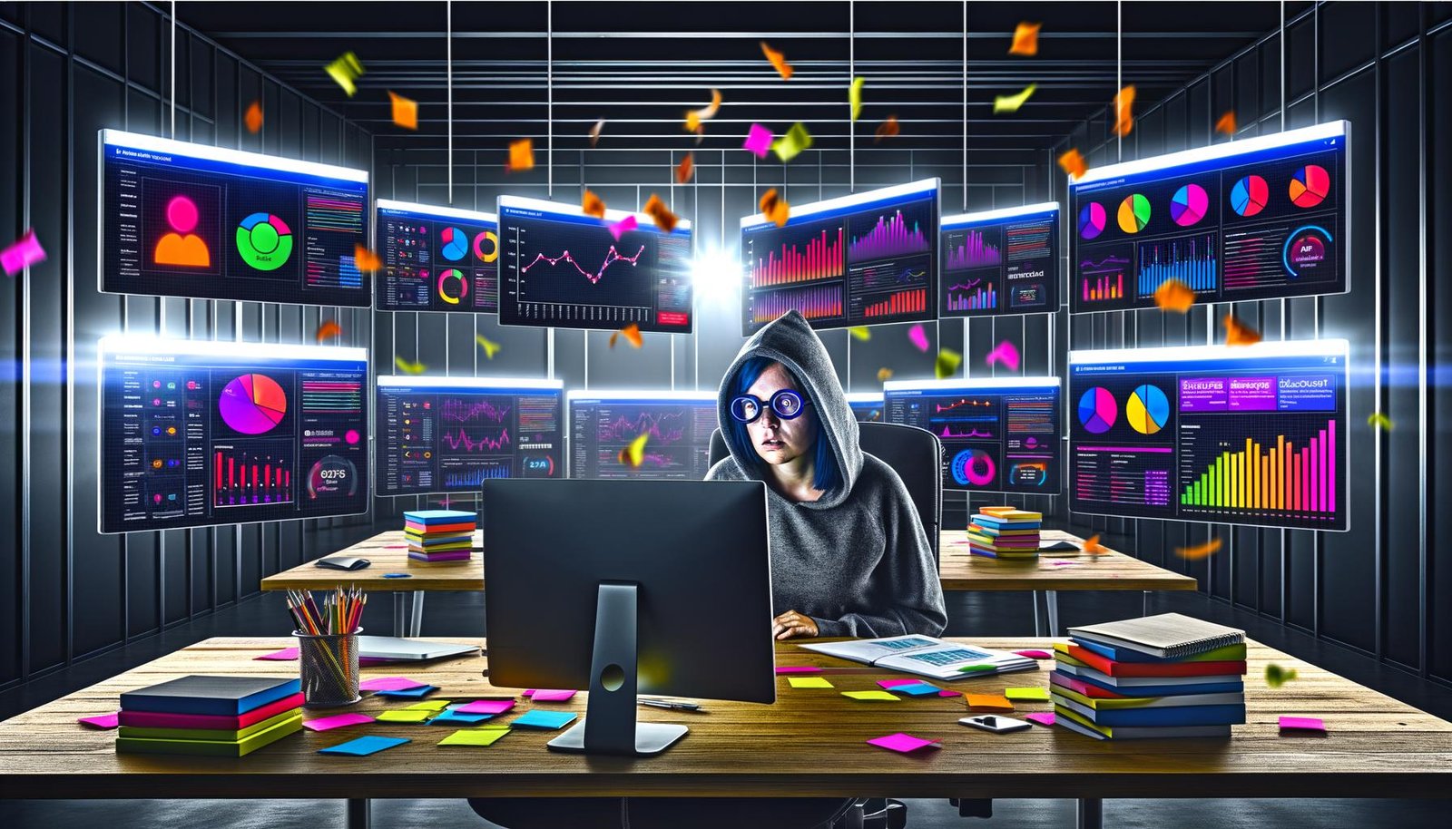 Marketerin im Hoodie analysiert konzentriert bunte Dashboards mit KPIs und Metriken, während im Hintergrund Konfetti für verbranntes Marketingbudget schwebt.