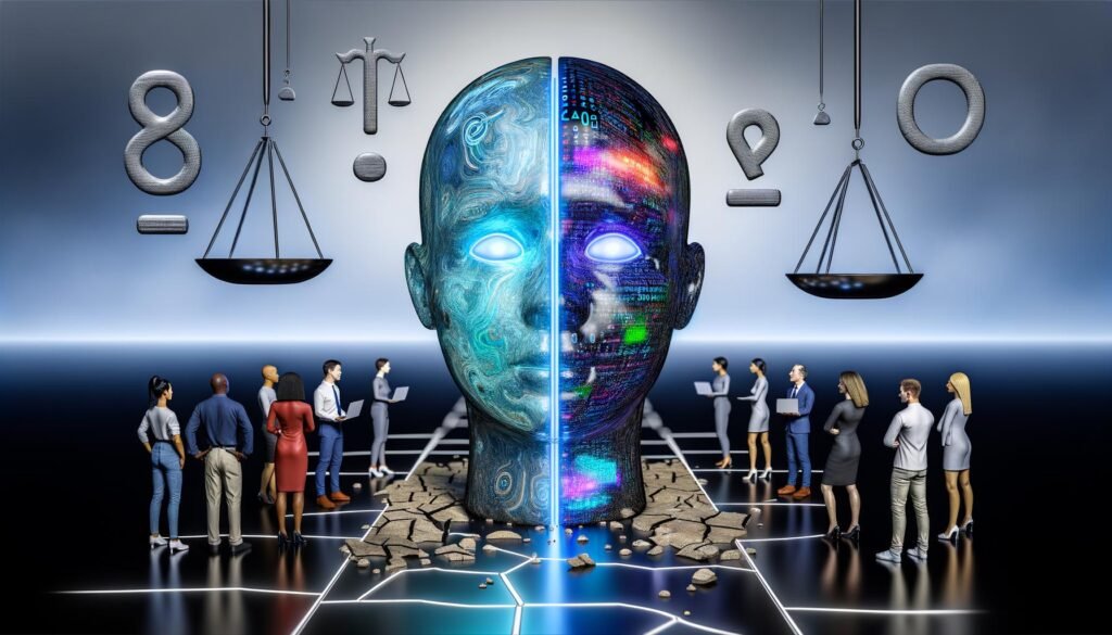Hyperrealistische Illustration eines futuristischen KI-Kopfes mit Datenströmen, jubelnden Tech-Managern auf der linken Seite, skeptischen Figuren rechts und einem großen Fragezeichen aus Code und Ethik-Symbolen über allem.