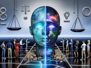 Hyperrealistische Illustration eines futuristischen KI-Kopfes mit Datenströmen, jubelnden Tech-Managern auf der linken Seite, skeptischen Figuren rechts und einem großen Fragezeichen aus Code und Ethik-Symbolen über allem.