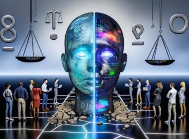 Hyperrealistische Illustration eines futuristischen KI-Kopfes mit Datenströmen, jubelnden Tech-Managern auf der linken Seite, skeptischen Figuren rechts und einem großen Fragezeichen aus Code und Ethik-Symbolen über allem.