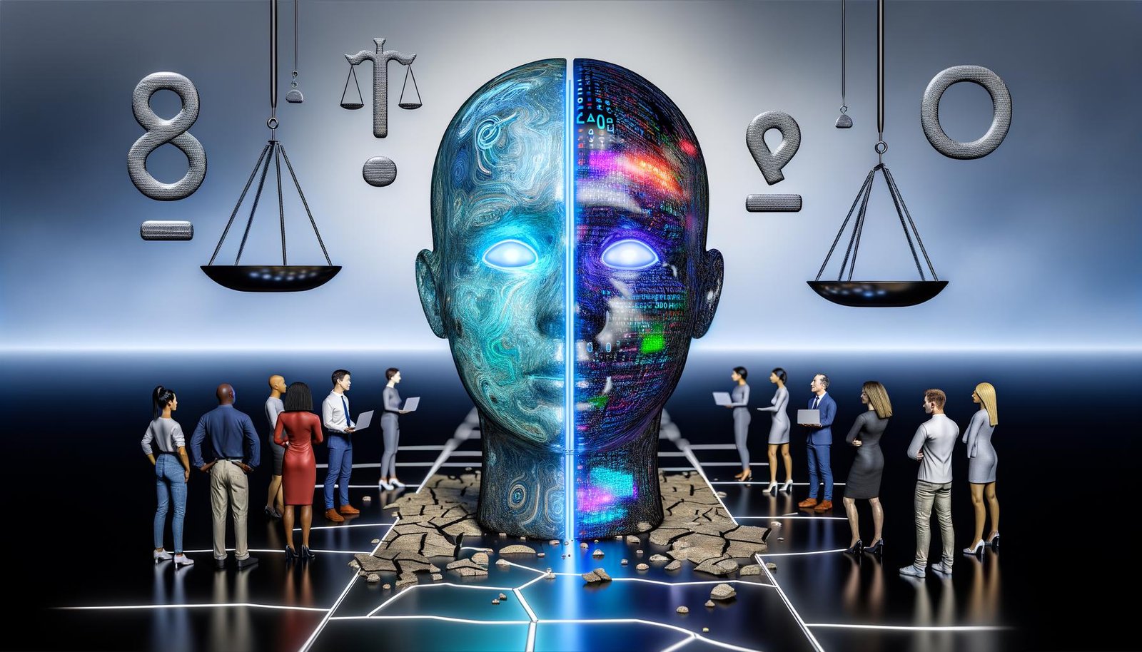 Hyperrealistische Illustration eines futuristischen KI-Kopfes mit Datenströmen, jubelnden Tech-Managern auf der linken Seite, skeptischen Figuren rechts und einem großen Fragezeichen aus Code und Ethik-Symbolen über allem.