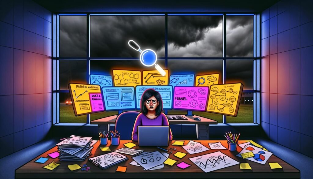 Chaotisches digitales Marketingbüro bei Dämmerung mit frustriertem Marketer, verwirrenden Analyse-Dashboards, verstreuten KPIs und einer Lupe, die klare Insights auf einem Monitor zeigt.