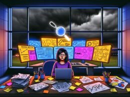 Chaotisches digitales Marketingbüro bei Dämmerung mit frustriertem Marketer, verwirrenden Analyse-Dashboards, verstreuten KPIs und einer Lupe, die klare Insights auf einem Monitor zeigt.