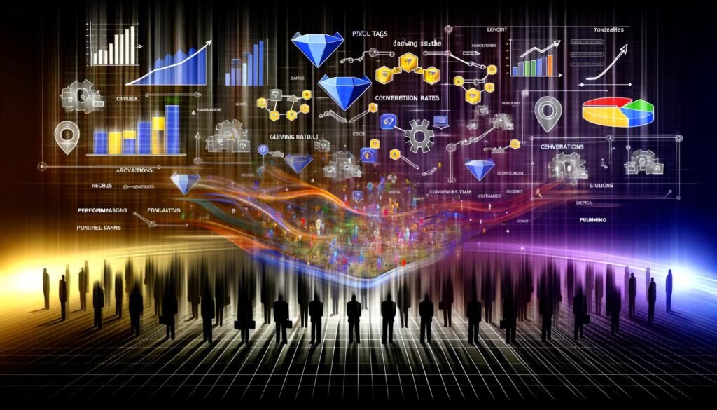 Illustration von digitalen Marketing-Icons, Datenströmen und Dashboards, die aus einem dichten Nebel zur klaren Darstellung von Conversion-Raten und Trackingdaten in der Mitte führen. Im Hintergrund ratlose Silhouetten und im Fokus eine analytisch blickende Person an futuristischem Display.