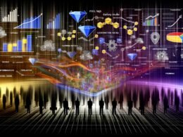 Illustration von digitalen Marketing-Icons, Datenströmen und Dashboards, die aus einem dichten Nebel zur klaren Darstellung von Conversion-Raten und Trackingdaten in der Mitte führen. Im Hintergrund ratlose Silhouetten und im Fokus eine analytisch blickende Person an futuristischem Display.