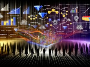 Illustration von digitalen Marketing-Icons, Datenströmen und Dashboards, die aus einem dichten Nebel zur klaren Darstellung von Conversion-Raten und Trackingdaten in der Mitte führen. Im Hintergrund ratlose Silhouetten und im Fokus eine analytisch blickende Person an futuristischem Display.