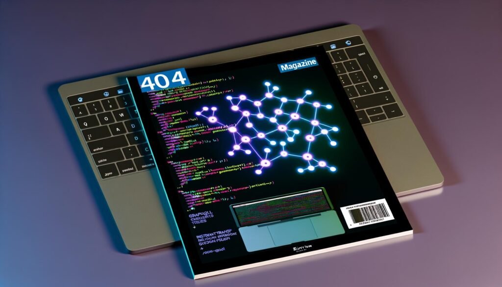 Laptop-Tastatur und Desktop-Monitor mit buntem Netzwerk aus verbundenen Knotenpunkten, offenem Code-Editor mit GraphQL-Syntax und modernen Tech-Logos wie Webflow, auf dunklem Hintergrund.