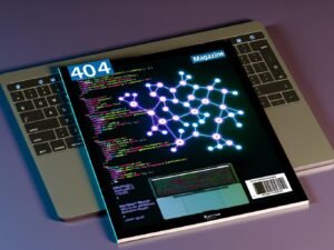 Laptop-Tastatur und Desktop-Monitor mit buntem Netzwerk aus verbundenen Knotenpunkten, offenem Code-Editor mit GraphQL-Syntax und modernen Tech-Logos wie Webflow, auf dunklem Hintergrund.