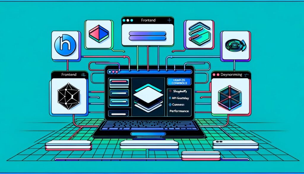 Moderne Illustration eines futuristischen Tech-Arbeitsplatzes: Zentrale Laptop-Ansicht mit Webflow-Interface und Backend-Logos, digitale Datenströme zu modularen Systemblöcken für Frontend, CMS, API, dynamisches Routing und CDN. Schlüsselbegriffe wie Headless, SEO und Performance hervorgehoben.