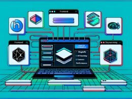 Moderne Illustration eines futuristischen Tech-Arbeitsplatzes: Zentrale Laptop-Ansicht mit Webflow-Interface und Backend-Logos, digitale Datenströme zu modularen Systemblöcken für Frontend, CMS, API, dynamisches Routing und CDN. Schlüsselbegriffe wie Headless, SEO und Performance hervorgehoben.