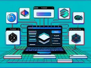 Moderne Illustration eines futuristischen Tech-Arbeitsplatzes: Zentrale Laptop-Ansicht mit Webflow-Interface und Backend-Logos, digitale Datenströme zu modularen Systemblöcken für Frontend, CMS, API, dynamisches Routing und CDN. Schlüsselbegriffe wie Headless, SEO und Performance hervorgehoben.