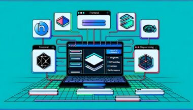 Moderne Illustration eines futuristischen Tech-Arbeitsplatzes: Zentrale Laptop-Ansicht mit Webflow-Interface und Backend-Logos, digitale Datenströme zu modularen Systemblöcken für Frontend, CMS, API, dynamisches Routing und CDN. Schlüsselbegriffe wie Headless, SEO und Performance hervorgehoben.