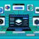 Moderne Illustration eines futuristischen Tech-Arbeitsplatzes: Zentrale Laptop-Ansicht mit Webflow-Interface und Backend-Logos, digitale Datenströme zu modularen Systemblöcken für Frontend, CMS, API, dynamisches Routing und CDN. Schlüsselbegriffe wie Headless, SEO und Performance hervorgehoben.