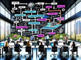 Dynamisches, modernes Büro mit Team an Monitoren, die Multichannel-Content-Architektur mit Webflow, API-Integrationen und Automatisierungstools wie Zapier am Whiteboard planen.