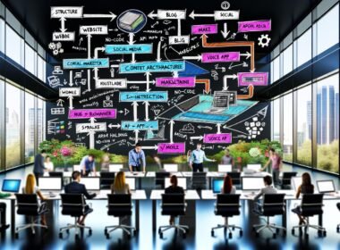 Dynamisches, modernes Büro mit Team an Monitoren, die Multichannel-Content-Architektur mit Webflow, API-Integrationen und Automatisierungstools wie Zapier am Whiteboard planen.