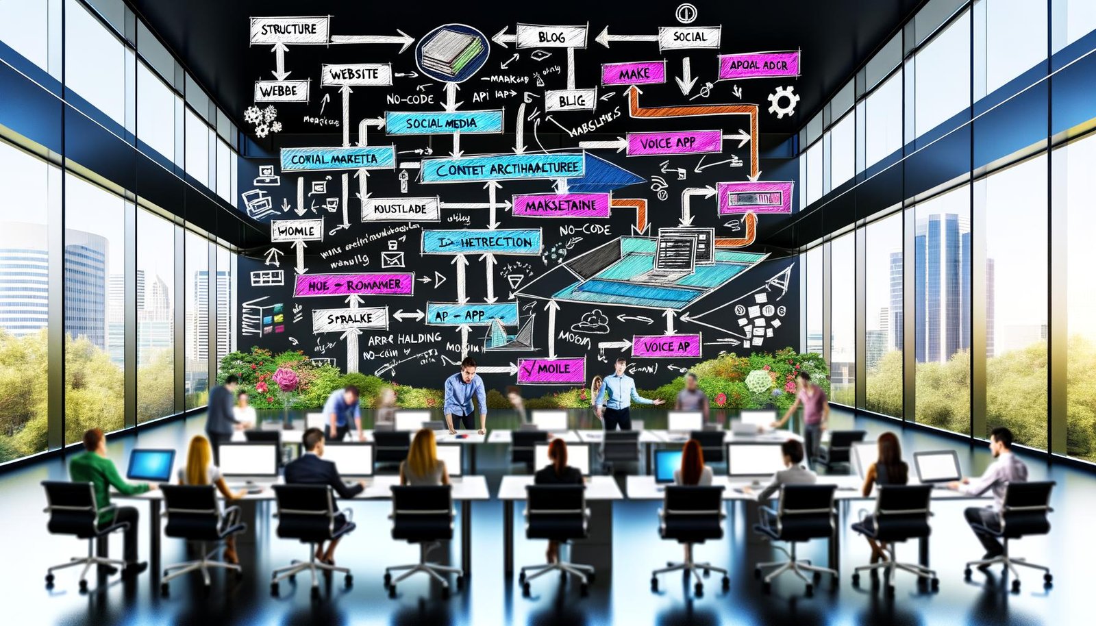 Dynamisches, modernes Büro mit Team an Monitoren, die Multichannel-Content-Architektur mit Webflow, API-Integrationen und Automatisierungstools wie Zapier am Whiteboard planen.
