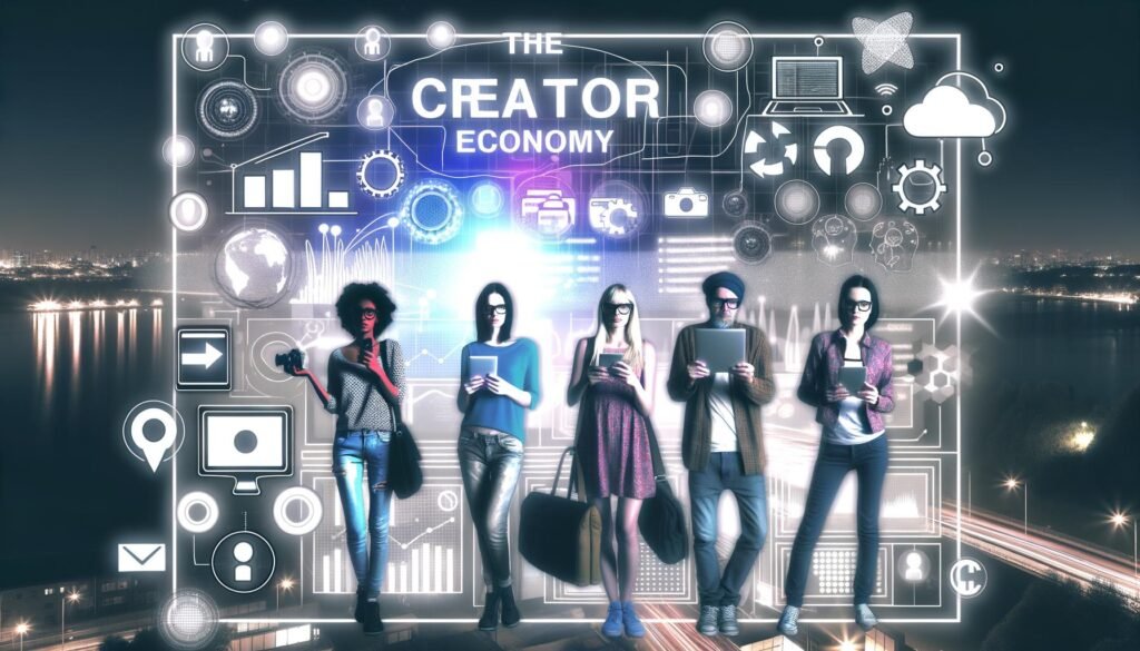 Diverse Content-Creator mit Technik und digitalen Symbolen vor futuristischem Interface, das die vernetzte und professionelle Creator Economy repräsentiert.