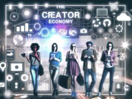 Diverse Content-Creator mit Technik und digitalen Symbolen vor futuristischem Interface, das die vernetzte und professionelle Creator Economy repräsentiert.