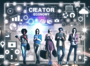 Diverse Content-Creator mit Technik und digitalen Symbolen vor futuristischem Interface, das die vernetzte und professionelle Creator Economy repräsentiert.