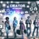 Diverse Content-Creator mit Technik und digitalen Symbolen vor futuristischem Interface, das die vernetzte und professionelle Creator Economy repräsentiert.