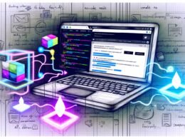 Magazin-Illustration eines Laptops mit Webflow CMS-Oberfläche und farbigem Next.js- und React-Code, vernetzt durch API-Endpunkte, Icons für Headless CMS, REST-API und SEO. Überlagert von No-Code- und Entwickler-Notizen im modernen Editorial-Stil.