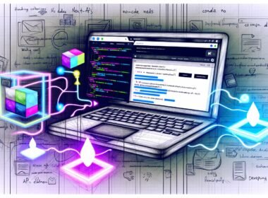 Magazin-Illustration eines Laptops mit Webflow CMS-Oberfläche und farbigem Next.js- und React-Code, vernetzt durch API-Endpunkte, Icons für Headless CMS, REST-API und SEO. Überlagert von No-Code- und Entwickler-Notizen im modernen Editorial-Stil.