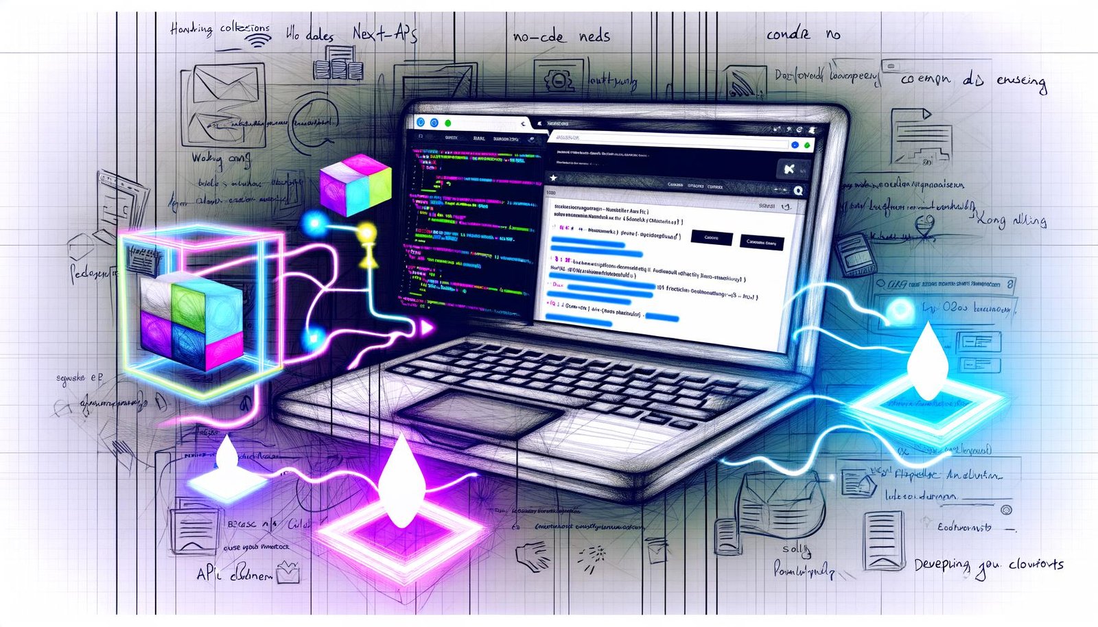 Magazin-Illustration eines Laptops mit Webflow CMS-Oberfläche und farbigem Next.js- und React-Code, vernetzt durch API-Endpunkte, Icons für Headless CMS, REST-API und SEO. Überlagert von No-Code- und Entwickler-Notizen im modernen Editorial-Stil.