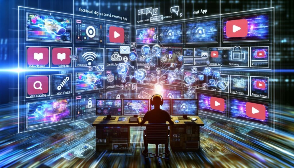 Illustration eines modernen Kontrollraums 2025 mit Creator, mehreren Social-Media-Monitoren, Analytics-Dashboards und Datenströmen als Symbol für datengesteuerte Markenführung.