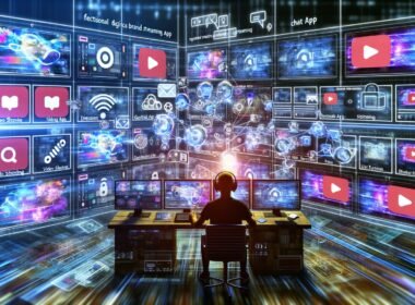 Illustration eines modernen Kontrollraums 2025 mit Creator, mehreren Social-Media-Monitoren, Analytics-Dashboards und Datenströmen als Symbol für datengesteuerte Markenführung.