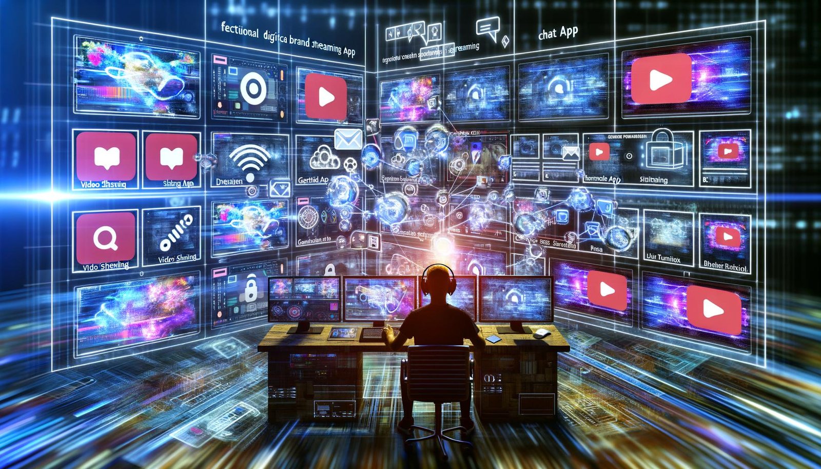 Illustration eines modernen Kontrollraums 2025 mit Creator, mehreren Social-Media-Monitoren, Analytics-Dashboards und Datenströmen als Symbol für datengesteuerte Markenführung.