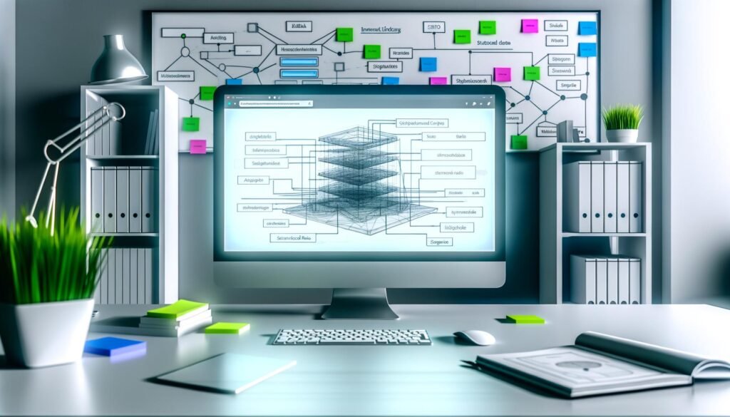 Moderner Schreibtisch mit großem Monitor zeigt eine übersichtliche Webflow-Benutzeroberfläche mit komplexem Seitenstruktur-Blueprint, Architektur-Linien und hervorgehobenen SEO-Ikonen in Blau und Grün.