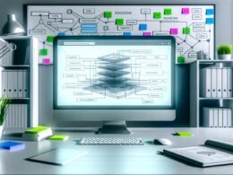 Moderner Schreibtisch mit großem Monitor zeigt eine übersichtliche Webflow-Benutzeroberfläche mit komplexem Seitenstruktur-Blueprint, Architektur-Linien und hervorgehobenen SEO-Ikonen in Blau und Grün.