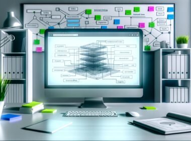 Moderner Schreibtisch mit großem Monitor zeigt eine übersichtliche Webflow-Benutzeroberfläche mit komplexem Seitenstruktur-Blueprint, Architektur-Linien und hervorgehobenen SEO-Ikonen in Blau und Grün.