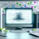 Moderner Schreibtisch mit großem Monitor zeigt eine übersichtliche Webflow-Benutzeroberfläche mit komplexem Seitenstruktur-Blueprint, Architektur-Linien und hervorgehobenen SEO-Ikonen in Blau und Grün.