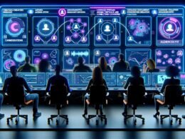 Futuristisches Kontrollzentrum mit digitalen Bildschirmen voller Analytics, Diagramme und vernetzter Profile von Creators und Marken, umgeben von analysierenden Experten.