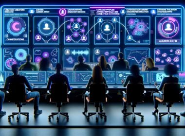 Futuristisches Kontrollzentrum mit digitalen Bildschirmen voller Analytics, Diagramme und vernetzter Profile von Creators und Marken, umgeben von analysierenden Experten.