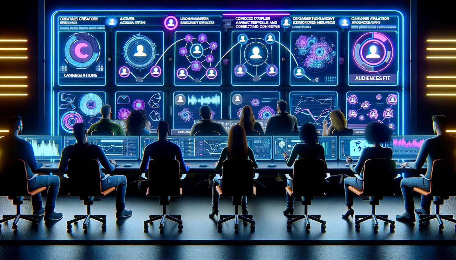 Futuristisches Kontrollzentrum mit digitalen Bildschirmen voller Analytics, Diagramme und vernetzter Profile von Creators und Marken, umgeben von analysierenden Experten.