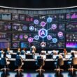 Junge Menschen arbeiten konzentriert an Laptops und Hologrammen in einer High-Tech-Kommandozentrale mit großen Dashboards zu Social Media-Daten, umgeben von schwebenden Logos von TikTok, Instagram, Twitch und YouTube.