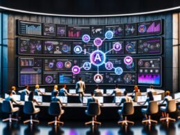 Junge Menschen arbeiten konzentriert an Laptops und Hologrammen in einer High-Tech-Kommandozentrale mit großen Dashboards zu Social Media-Daten, umgeben von schwebenden Logos von TikTok, Instagram, Twitch und YouTube.