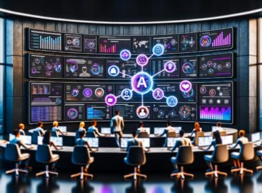 Junge Menschen arbeiten konzentriert an Laptops und Hologrammen in einer High-Tech-Kommandozentrale mit großen Dashboards zu Social Media-Daten, umgeben von schwebenden Logos von TikTok, Instagram, Twitch und YouTube.