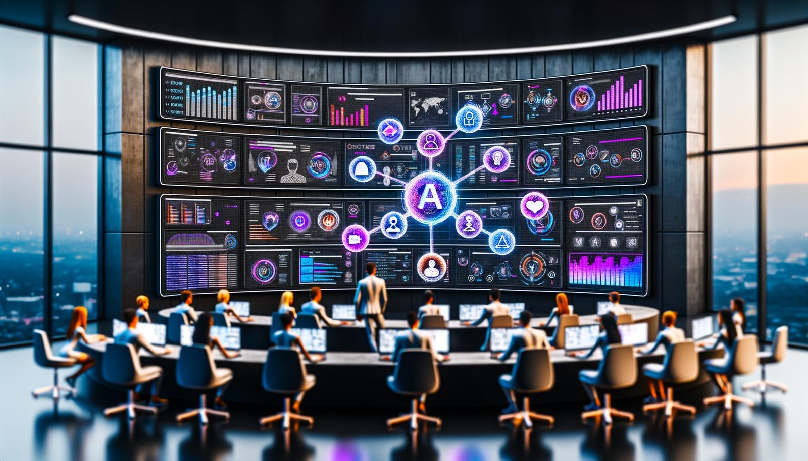 Junge Menschen arbeiten konzentriert an Laptops und Hologrammen in einer High-Tech-Kommandozentrale mit großen Dashboards zu Social Media-Daten, umgeben von schwebenden Logos von TikTok, Instagram, Twitch und YouTube.
