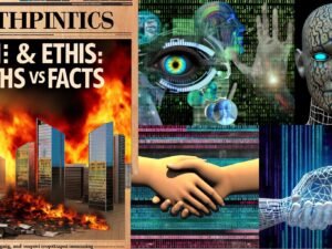 Moderne Collage zu KI & Ethik 2025: Links dramatische Nachrichten und KI-Bedrohungen, rechts futuristische Technik-Visionen, mittig eine Zeitungsseite mit binärem Code und neuronalen Netzen sowie verzerrte Gesichter.