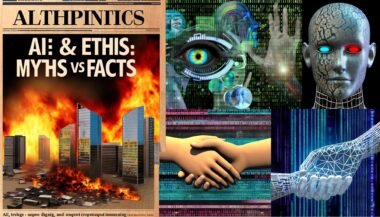 Moderne Collage zu KI & Ethik 2025: Links dramatische Nachrichten und KI-Bedrohungen, rechts futuristische Technik-Visionen, mittig eine Zeitungsseite mit binärem Code und neuronalen Netzen sowie verzerrte Gesichter.