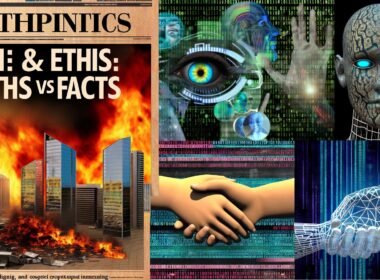 Moderne Collage zu KI & Ethik 2025: Links dramatische Nachrichten und KI-Bedrohungen, rechts futuristische Technik-Visionen, mittig eine Zeitungsseite mit binärem Code und neuronalen Netzen sowie verzerrte Gesichter.