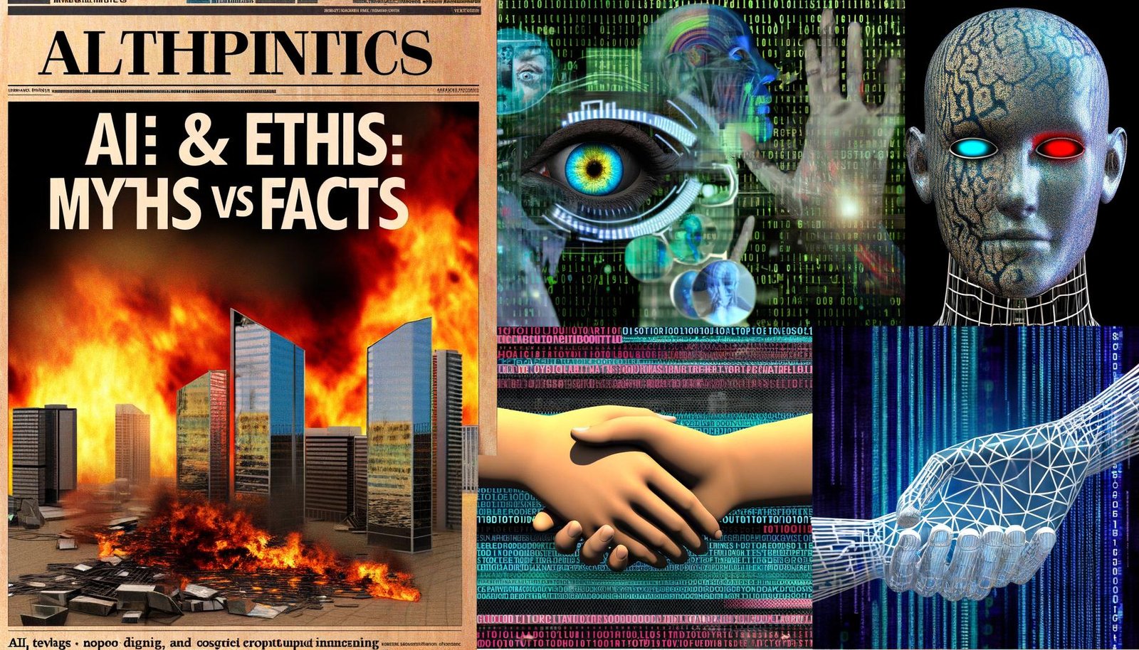 Moderne Collage zu KI & Ethik 2025: Links dramatische Nachrichten und KI-Bedrohungen, rechts futuristische Technik-Visionen, mittig eine Zeitungsseite mit binärem Code und neuronalen Netzen sowie verzerrte Gesichter.