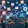 Junge Creators im modernen Loft-Workspace analysieren holografische Dashboards mit Daten zu Plattformen wie Patreon und YouTube, illustriert mit technischen Symbolen und Neonfarben.