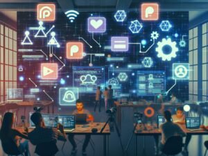 Junge Creators im modernen Loft-Workspace analysieren holografische Dashboards mit Daten zu Plattformen wie Patreon und YouTube, illustriert mit technischen Symbolen und Neonfarben.