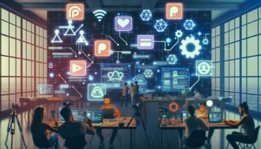 Junge Creators im modernen Loft-Workspace analysieren holografische Dashboards mit Daten zu Plattformen wie Patreon und YouTube, illustriert mit technischen Symbolen und Neonfarben.