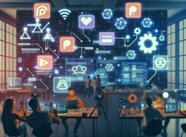 Junge Creators im modernen Loft-Workspace analysieren holografische Dashboards mit Daten zu Plattformen wie Patreon und YouTube, illustriert mit technischen Symbolen und Neonfarben.