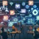 Junge Creators im modernen Loft-Workspace analysieren holografische Dashboards mit Daten zu Plattformen wie Patreon und YouTube, illustriert mit technischen Symbolen und Neonfarben.